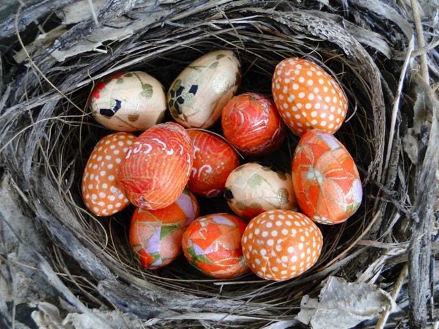 Cute tiny orange Chiyogami paper wren eggs set of 12 Made to order Great for Easter