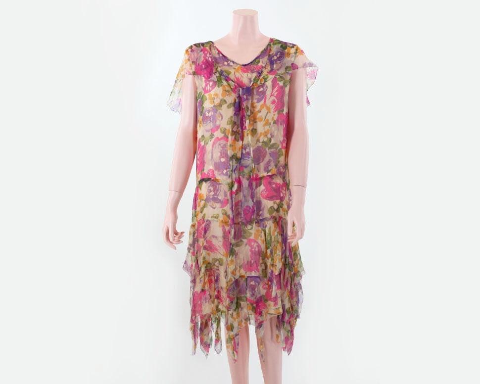 Vintage 1920s Tiered Silk Chiffon Flapper Dress In THE Brightest Colored Silk Chiffon. Museum Quality.