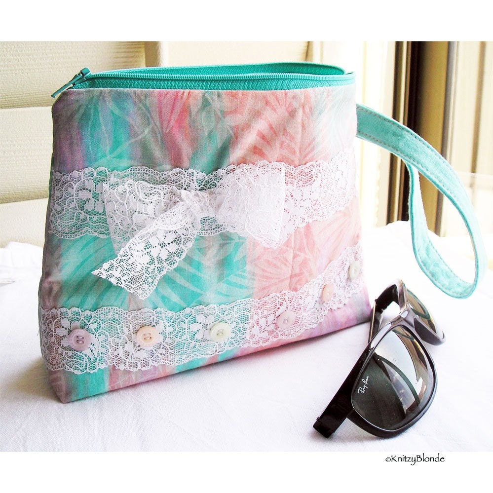 Cosmetics Bag Knitting Notions Zipper Pouch Lace & Bows Buttons, Aqua Peach Larger Size