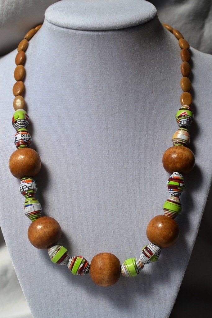 Cracker Box Paper Bead and Wood Necklace Baby Mum Mum