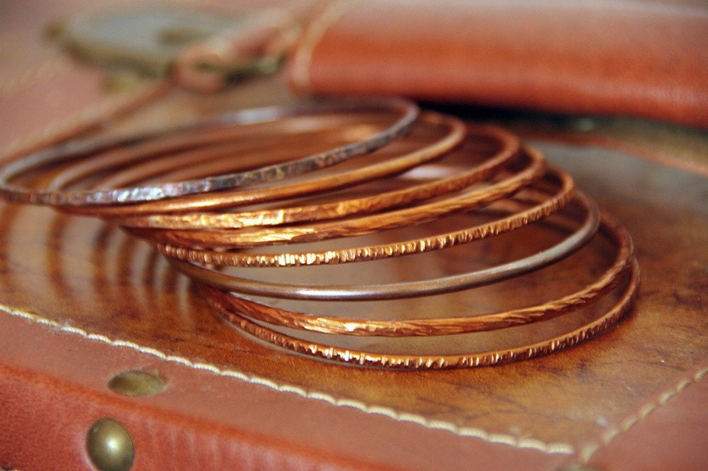 8 Hammered, Copper Stackable Bangles / Bracelets Rustic & Organic, brown, burnt, sienna, terracotta, chocolate