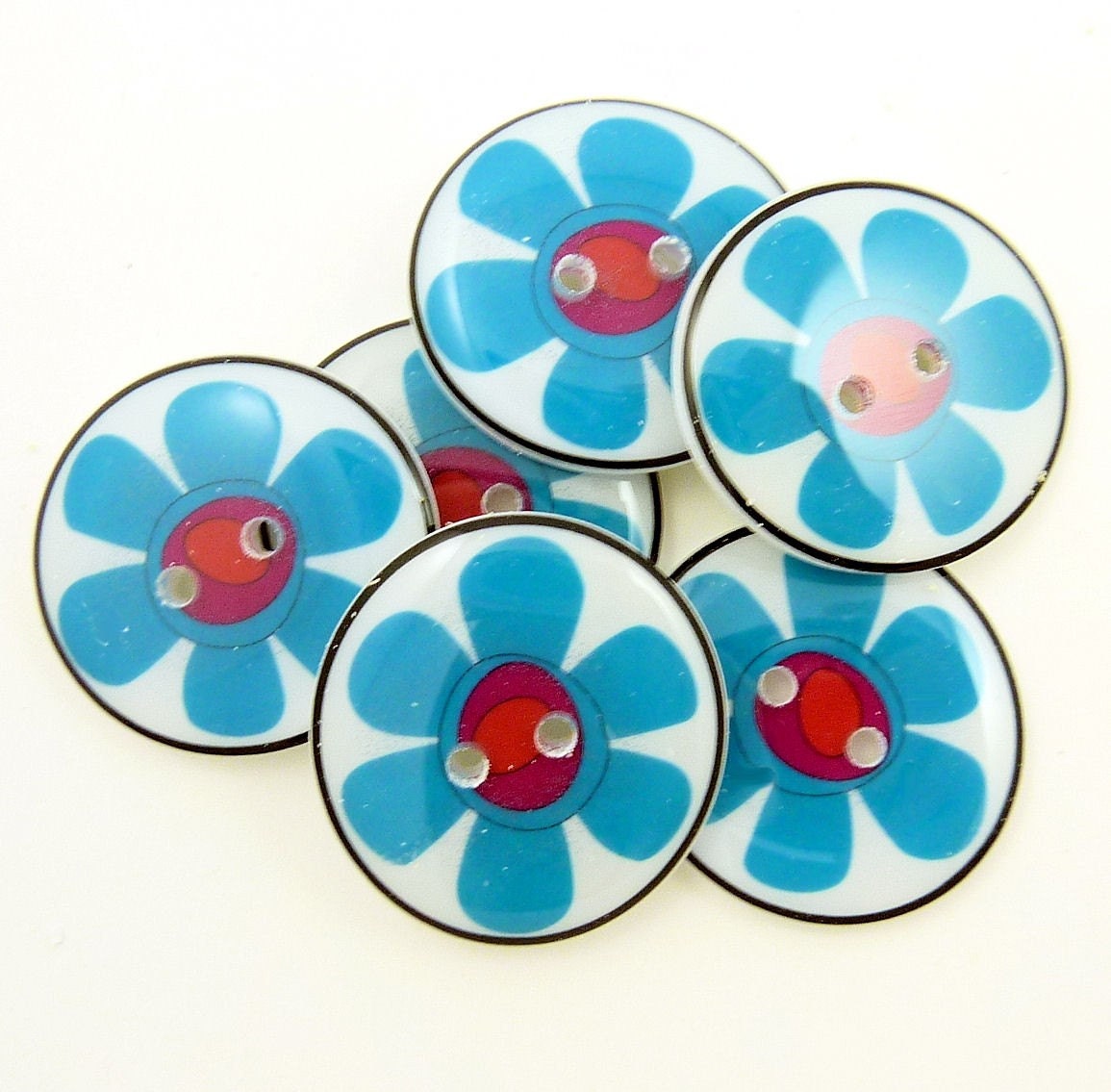 Handmade Buttons. 6 Dark Turquoise Blue Mod Flower Buttons.  Sewing Buttons.