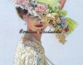 Big Hat Lady Flowers Lace Reproduction Cotton Fabric Art Print 7X10" Applique
