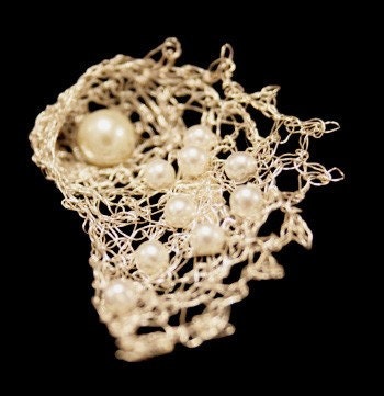 Handmade crocheted silver brooch  with Swarovski pearls