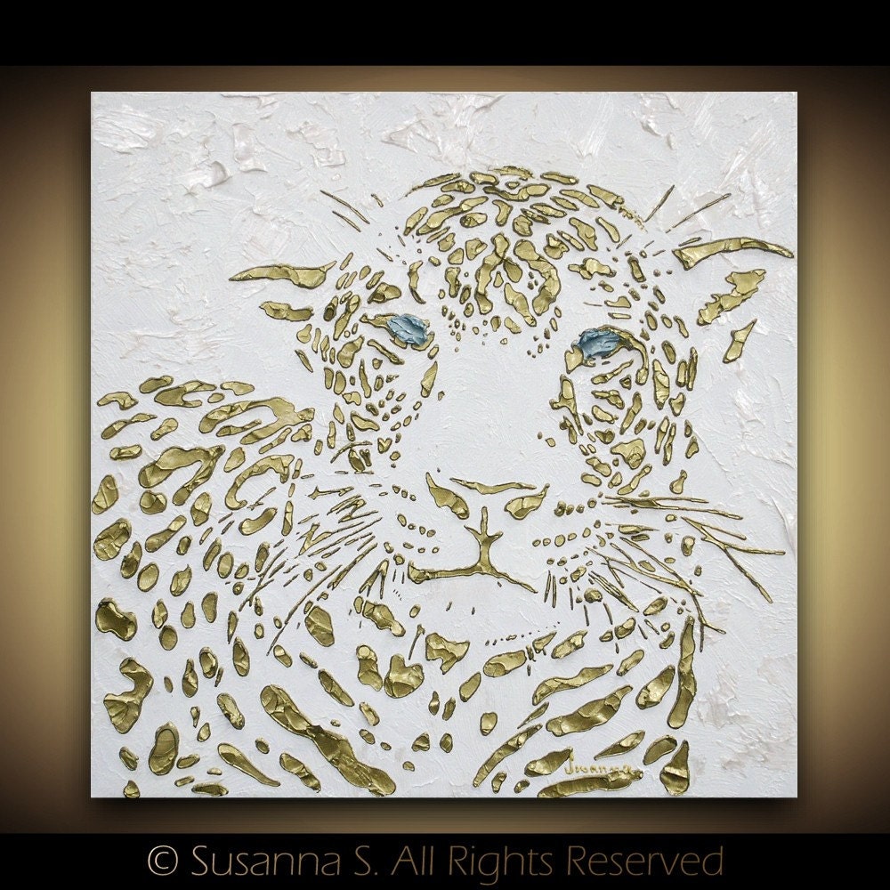 Original Large abstract contemporary leopard painting white bronze gold palette knife impasto fine art by Susanna 24x24 - MADE TO ORDER