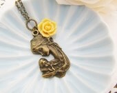 My Beautiful Mom - Antique brass mother and child charm with Tangerine Rose Flower Cabochon Necklace