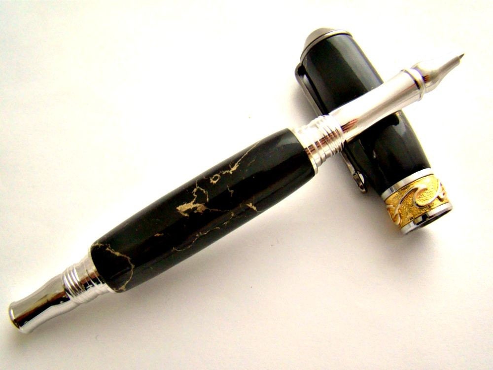 Handcrafted Stone Rollerball Pen Black T/N and Chrome Free Shipping