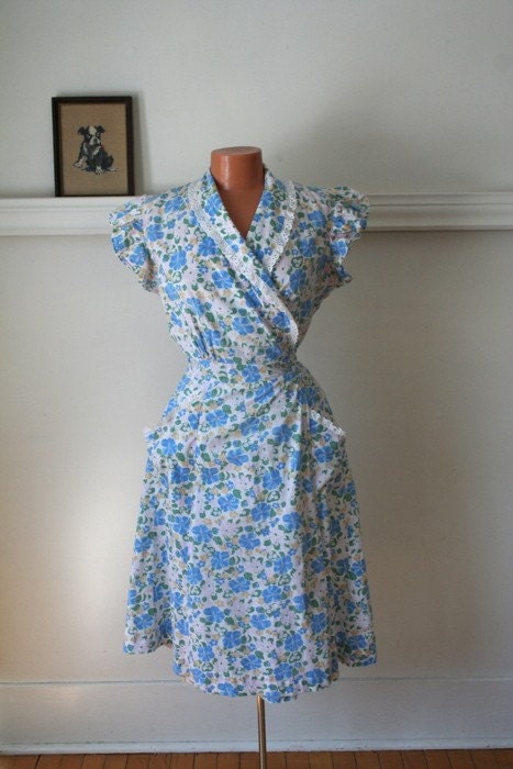 vintage 30/40s MORNING GLORY cotton wrap dress M-L