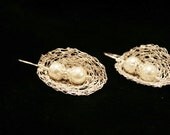 Lovely bridal earrings with cream Swarovski pearls and crochet silver leafs