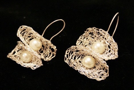 Bridal earrings with Swarovski pearls set in crochet silver shells