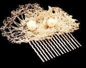 Elegant bridal hair comb with hand crocheted silver & freshwater pearl flowers