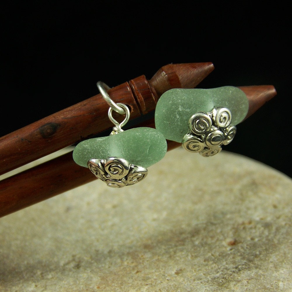 Genuine Sea Glass and Rosewood Hair Sticks Coke Bottle Green