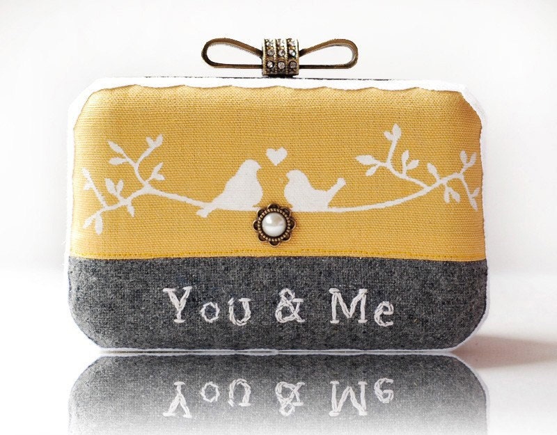 Love Bird Hand Embroidered Wool Linen Messenger Clutch Yellow Grey