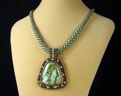 Beadwork Pendant with African Turquoise Jasper Cabochon on a Russian Spiral Necklace