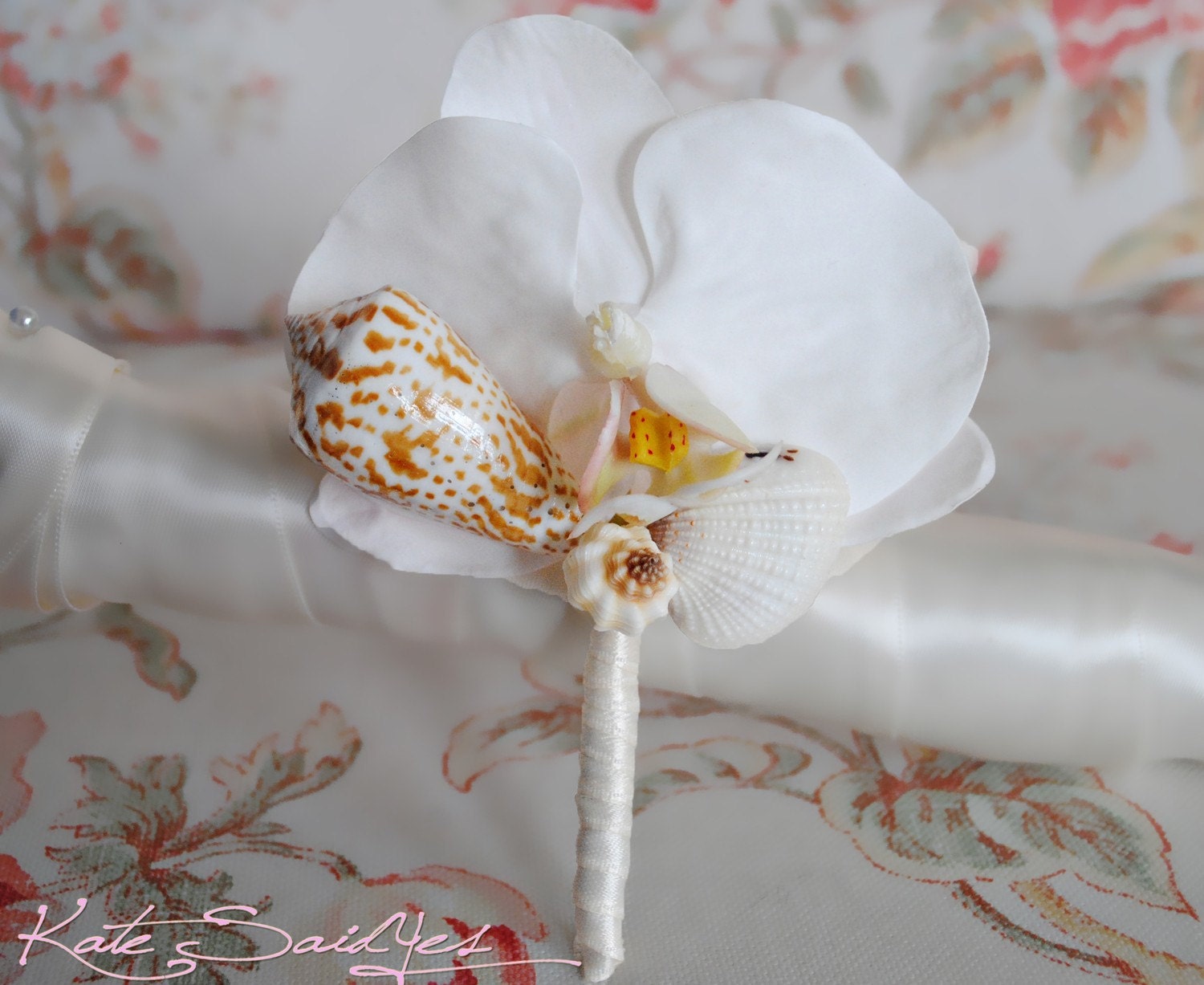 White Orchid Seashell Boutonniere - Beach Wedding Accessory