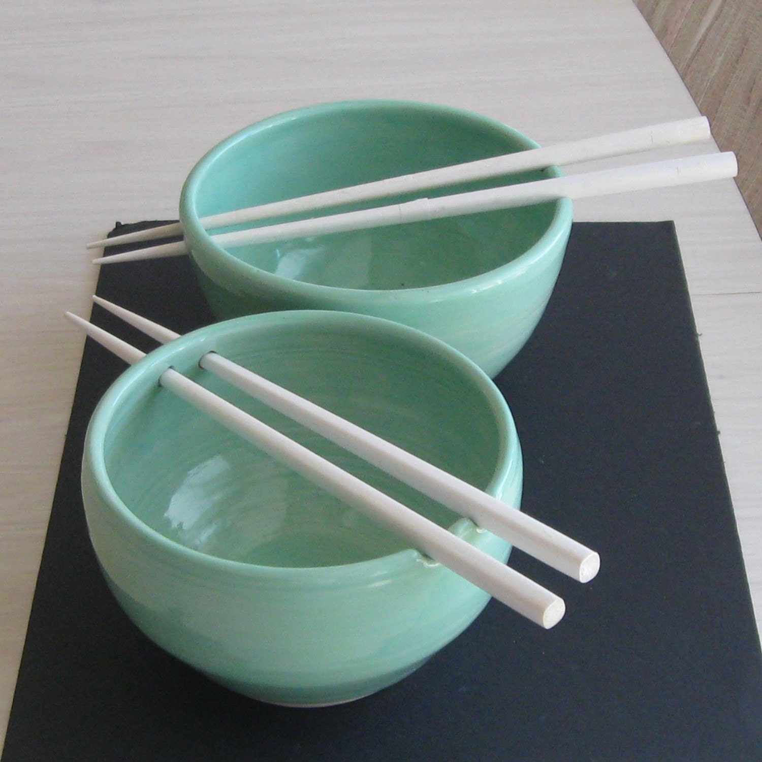Ceramic  Rice Bowls Handmade Pottery Set of 2 Turquoise