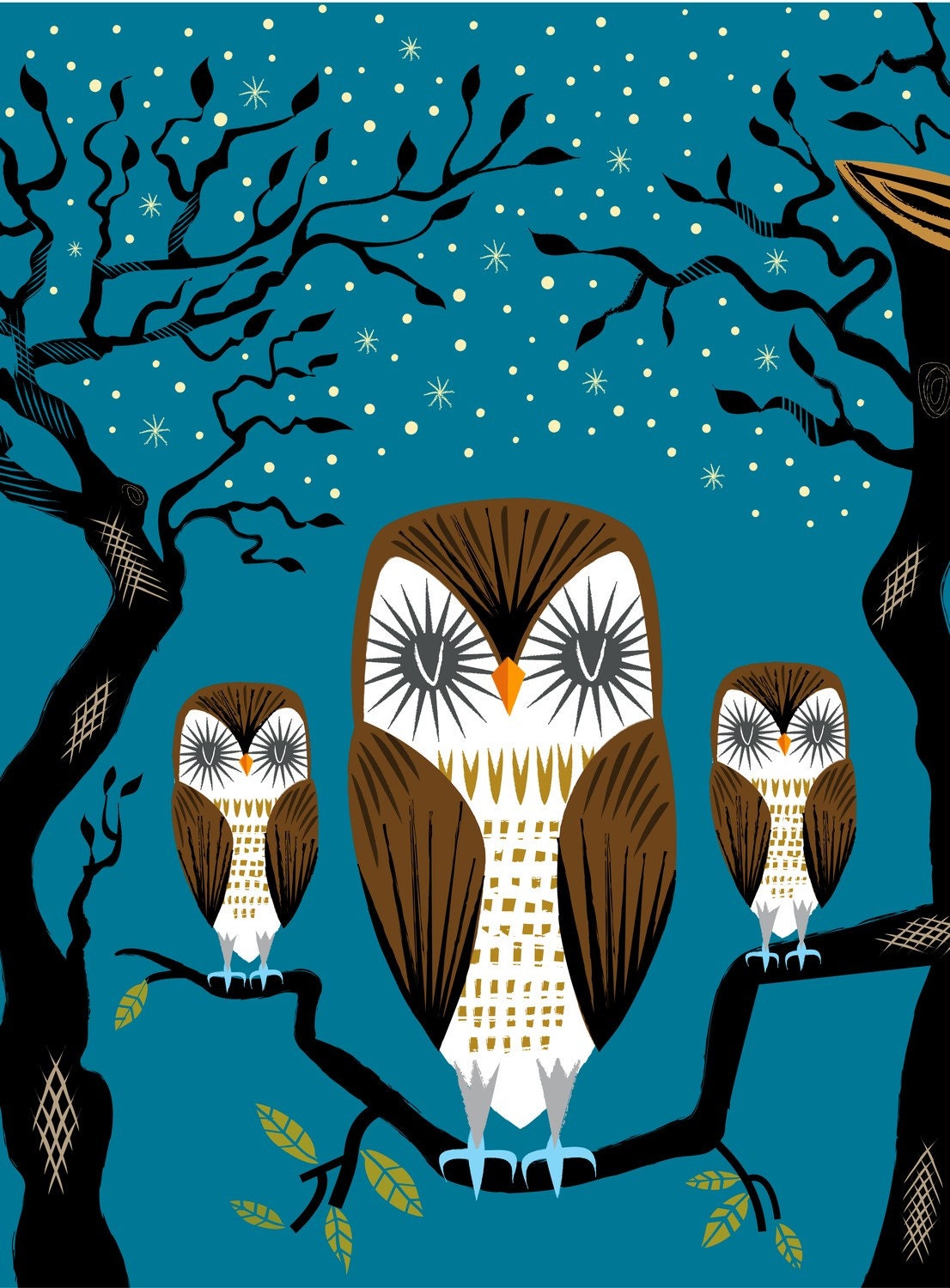Three Lazy Owls - Animal Art  Limited Edition Print