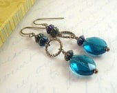Teal Blue Earrings Oval Beads Bronze Accents Long Dangles