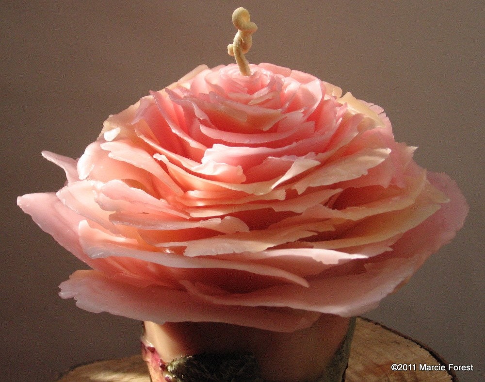 Honey Pink Rose Garden Pillar - Pure Beeswax, Roses - Ooak Eco Luxury Rose Candles by Marcie Forest