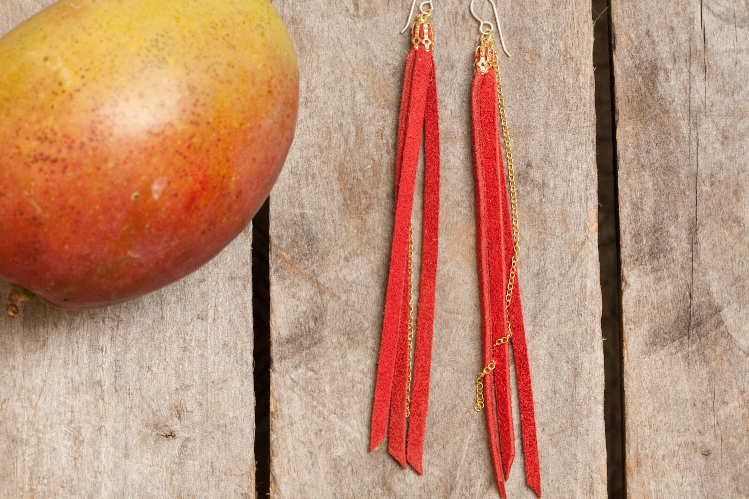long red deerskin tassel earrings wih gold chain