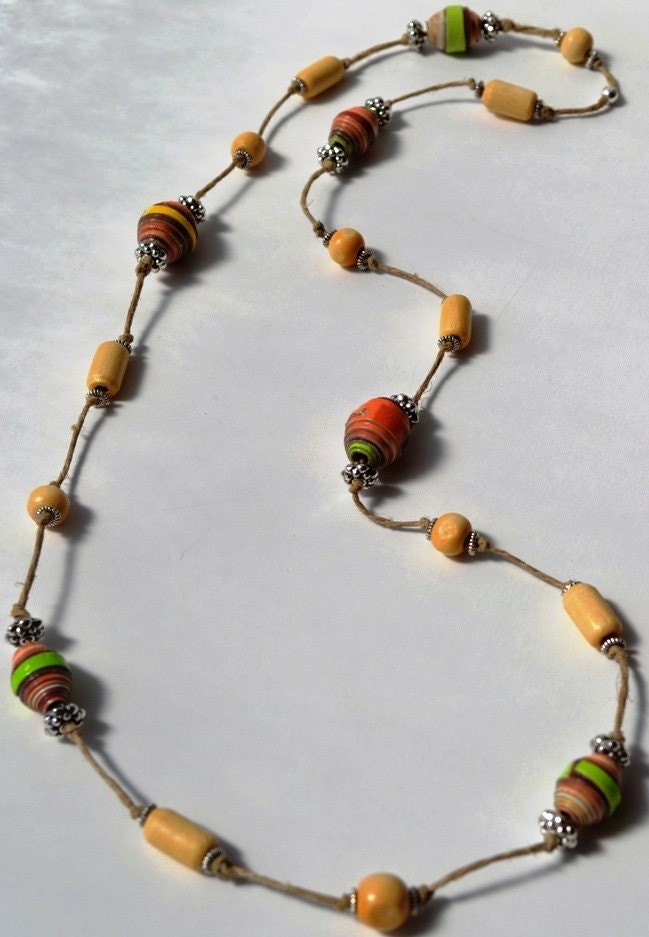 Necklace Hemp, Wood and Paper Bead