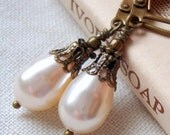 Cream Swarovski Teardrop Pearl Earrings Vintage Inspired, Neo Victorian, Antiqued Brass Bronze, White
