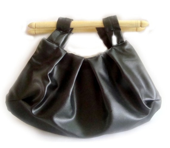 Black Clutch Purse Vegan leather pleated Wood handles