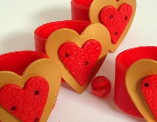 Valentine's Day Red  Gold Hearts  Napkin Rings with Swarovski crystals, Polymer clay  Handmade home decor