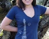 Paris Tee Shirt Pocket V Neck Organic Cotton Navy Womens SMALL