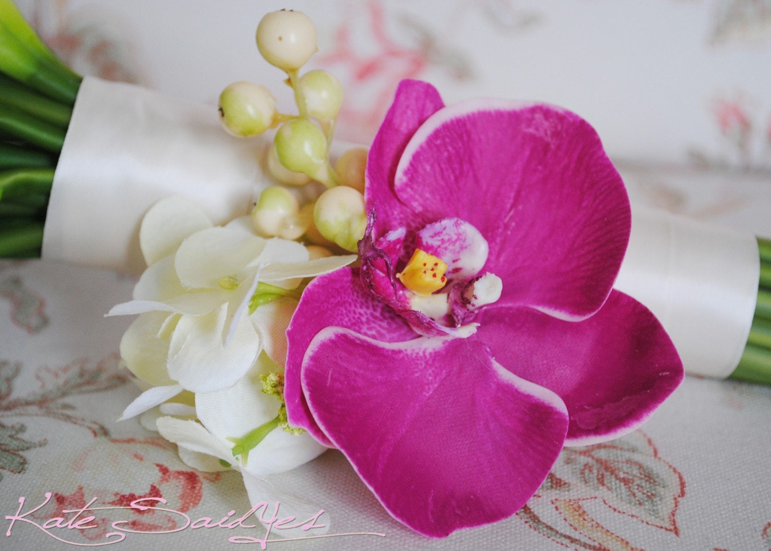 Wedding Corsage - Fuchsia Orchid and Hydrangea Corsage