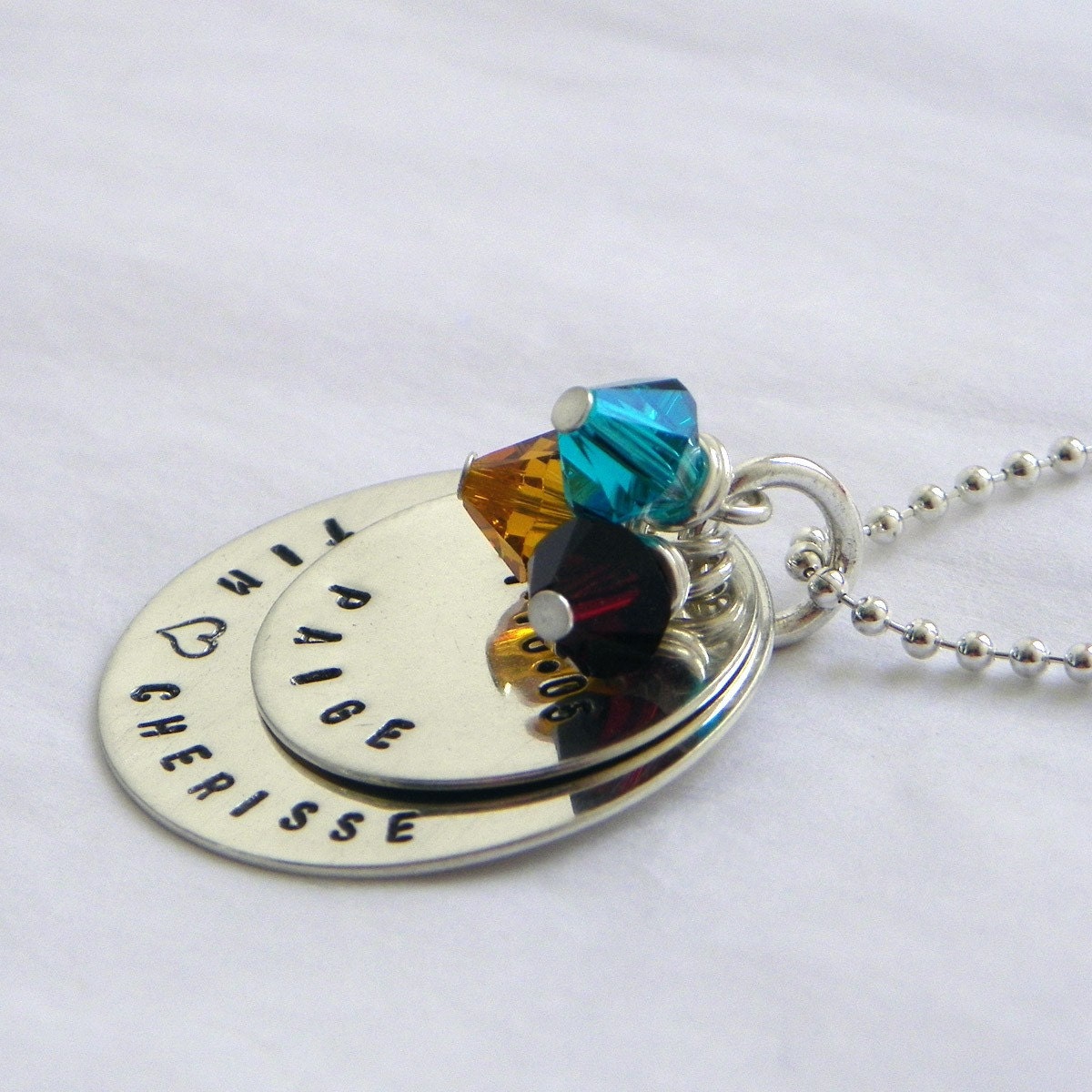 Personalized sterling silver 2-disc necklace with names, dates, and Swarovski crystals