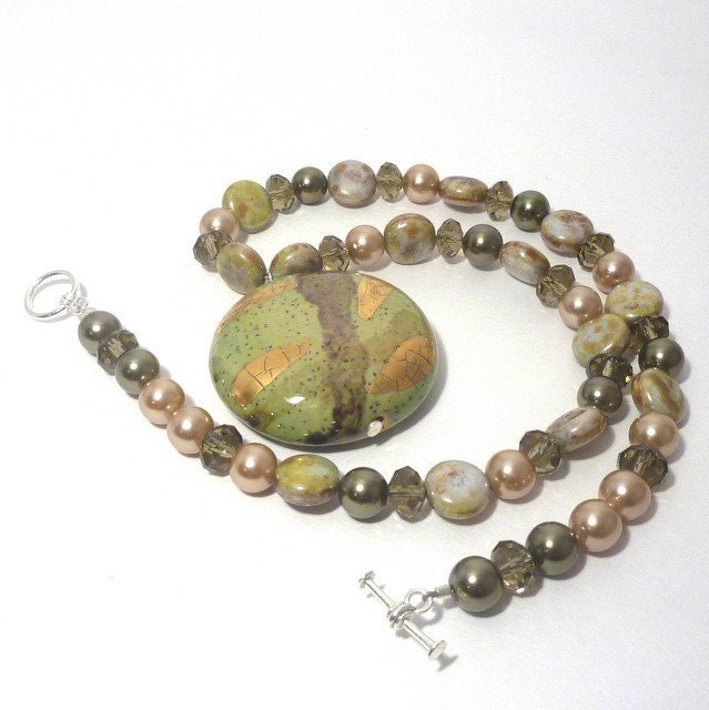Green Kazuri Pendant Necklace with Gold Brown Cream beads