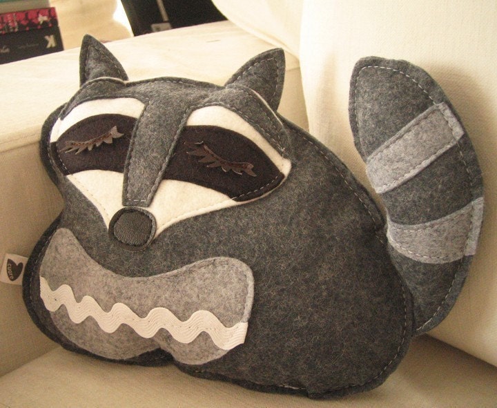 Kyle the Raccoon Wool Felt Applique Plush Doll Pillow