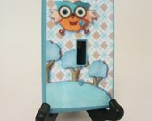 Owl nursery light switch plate cover baby decor for boys room, upcycled and hand decorated