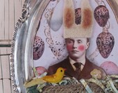 bunny bird-man altered assemblage on silver tray