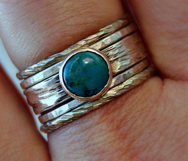Unique rustic, distressed chunky set of turquoise & sterling silver stacking rings. Torquoise ring