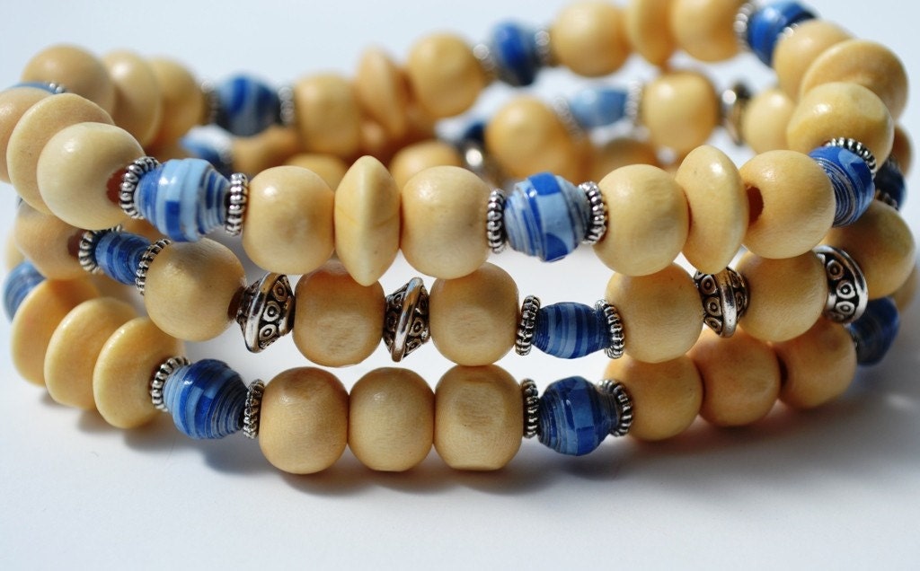SALE Paper Bead and Wood Stretch Bracelets, Set of 3