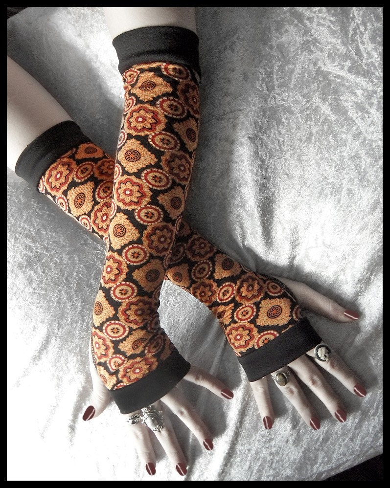 Sunset Satori Arm Warmers - Black Rust Red Gold Copper Cream Brown Floral Mandela Cotton - Yoga Gothic Dark Fusion Cycling Boho Earth Goth