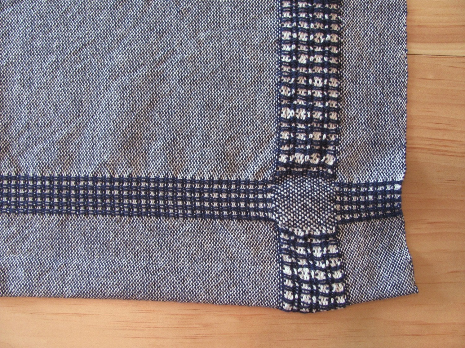 Handwoven Cottage Kitchen Towel in Navy Blue & Ivory White Cotton with Textured Border
