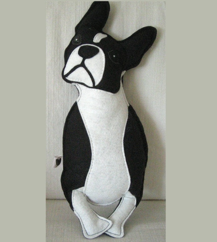 Lola the Boston Terrier Cute Wool Felt Applique Embroidered Decorative Pillow Doll Plush