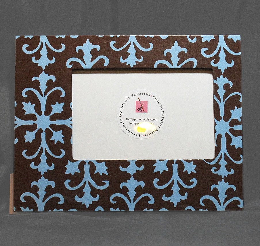 Hand Painted Blue and Brown Damask Photo Frame