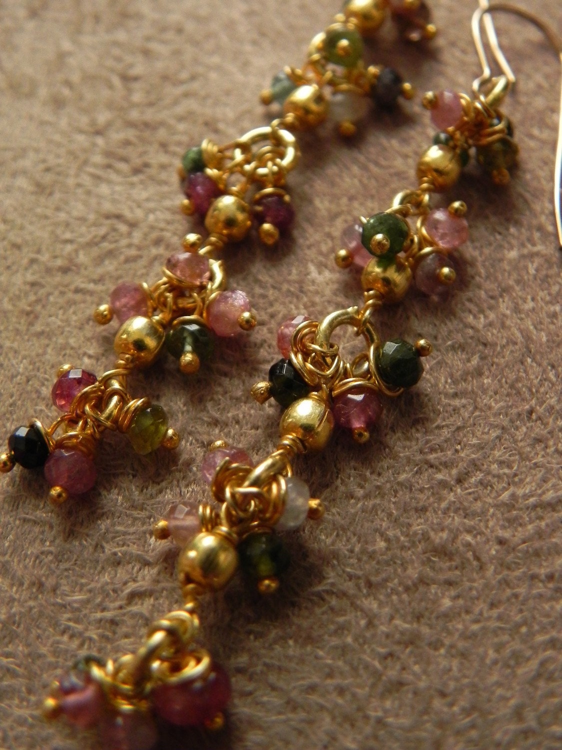SALE  Long Colorful Toumaline and Vermeil Cluster Chain and Gold Filled Earrings SALE