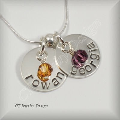 Hand Stamped Personalized Sterling Silver Jewelry Necklace Mommy Children Pendant with Two Discs and Birthstone Accent