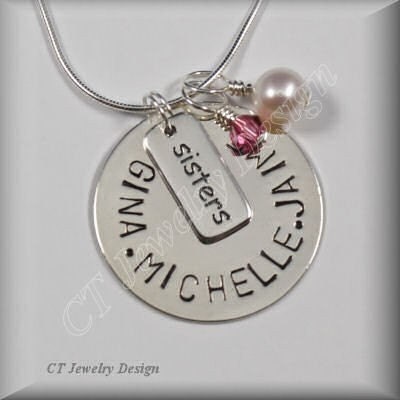 Hand Stamped Personalized Sterling Silver Jewelry Necklace Sisters Names or Phrase Pendant with Pearl and Crystal Accents