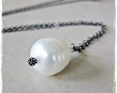 Oversized Shell Pearl Drop Pendant on Oxidised Sterling Silver