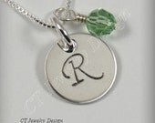 Hand Stamped Personalized Sterling Silver Jewelry Necklace Initial Charm Pendant with Birthstone