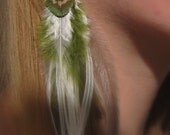 Long Feather Earrings Green Peacock / KIWI /13 inches long / Rooster Peacock and Emu Feahers