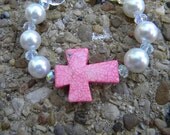 Turquoise Pink Cross with Pearl and Sawroski Crystal AB Bracelet