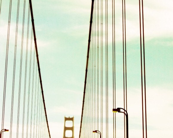 Fine Art photography Progression Golden Gate Bridge modern photo lines stripes teal mint aqua sky street lights photograph - honeytree