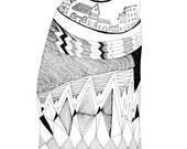 The Town Atop a Hill 8x10 Print of Original Pen and Ink Drawing